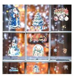 Watercolor Christmas window decals featuring Santa, snowman, and tree on glass background