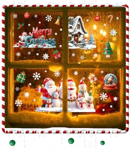 Detail view of festive Santa Claus and snowman static window decals for Christmas decor
