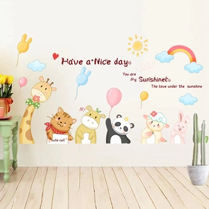 Cartoon animal wall decals with giraffe panda and rainbow for kids room nursery decor