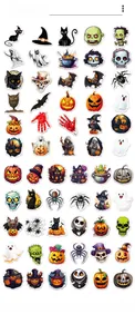 Detailed sheet showing 60 Halloween stickers including pumpkins, ghosts, and bats