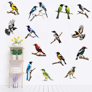 Vibrant self-adhesive bird and branch wall decals shown in a modern living room setting