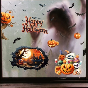 3D Halloween window stickers featuring pumpkin, skeleton, and Happy Halloween text decor