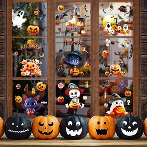 3D Halloween window stickers with pumpkins and ghosts on glass for festive home decoration