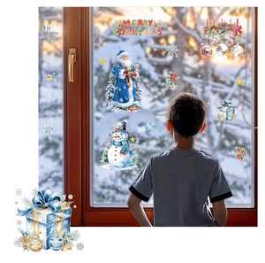 Detail of blue Santa and snowman static window decals with Merry Christmas text for Christmas