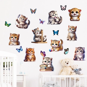 Cartoon Cats And Butterflies Wall Stickers PVC Waterproof Self-Adhesive Removable DIY Decals For Kids Room Nursery Bedroom Decor