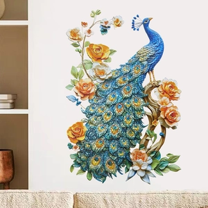 3D Laser Gold Stamping Peacock Flower Wall Stickers Self Adhesive Nano UV Printed Plastic Decorative Mural Decals For Living Room