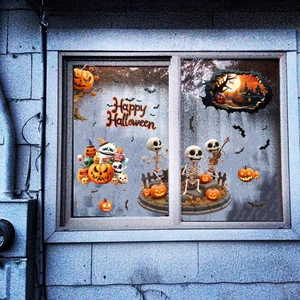 3D Halloween window decals featuring cute pumpkins, skeletons, bats, and Happy Halloween text