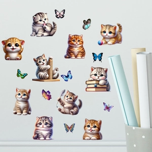 Detail of cute 3D cartoon cat and butterfly waterproof wall decals for kids room