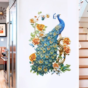 3D laser colorful peacock wall sticker with blooming flowers for home wall decor