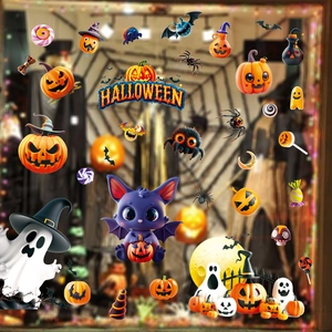 Halloween window clings featuring 3D pumpkin ghosts and bats for festive home decoration