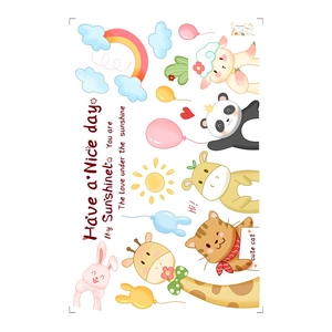 Cartoon animal wall stickers set featuring panda, giraffe and rainbow for kids room decor