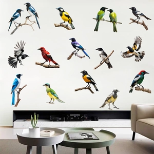 Detailed wall sticker set featuring realistic magpies and parrots on light living room walls