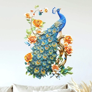 3D peacock flower wall sticker with colorful holographic finish for home background decor