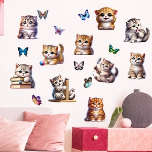 Cute cartoon cats and butterflies self-adhesive waterproof wall stickers for kids' bedroom