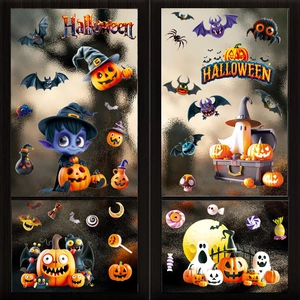 3D Halloween static stickers set featuring cartoon pumpkins, ghosts and bats for window decor