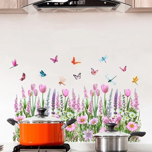 Waterproof self-adhesive wall stickers with tulips, lavender and butterflies for home decor