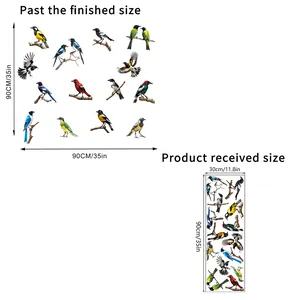 Detailed size chart showing bird and tree branch wall sticker dimensions in cm and inches
