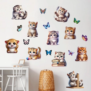 Self-adhesive waterproof wall stickers featuring 10 playful kittens and colorful butterflies