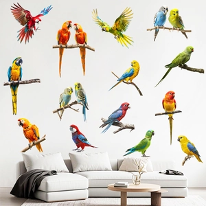 Realistic colorful parrot wall decals on white wall above a modern sofa for living room