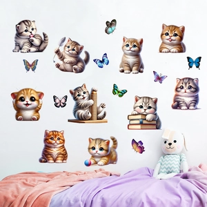 Adhesive wall stickers featuring 10 cute cats and colorful butterflies for kids' rooms