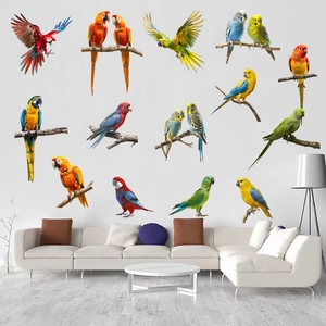 Detail of colorful parrot wall decals applied to a modern living room wall above a sofa