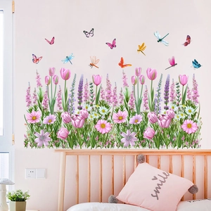 Pastel floral wall stickers with tulips and butterflies for bedroom wall decor