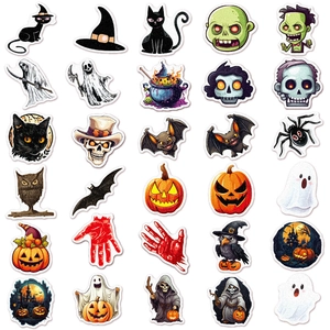60pcs Halloween glitter PVC stickers featuring pumpkin, ghost, and bat cartoon designs