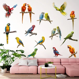 Vibrant parrot wall decals showcasing various species in a modern living room setting