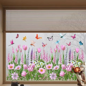 Spring garden static window cling with pink tulips daisies and colorful butterflies