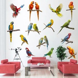 Realistic parrot wall decals set featuring macaws and cockatiels for living room decor