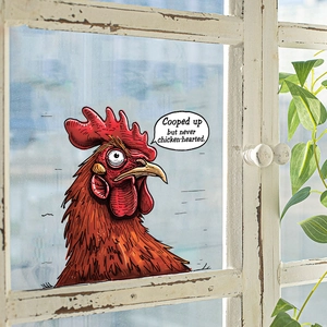 Realistic rooster head static cling window decal with inspirational quote on glass