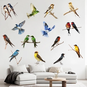 Detailed wall sticker set featuring colorful magpies and parrots on tree branches
