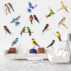 Realistic colorful bird wall stickers with parrots and branches for living room decor