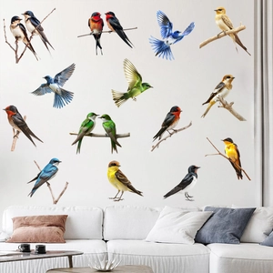Detailed wall sticker set featuring colorful realistic birds and magpies on a white wall