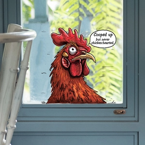 Cockroach static decal on window with Cooped up but never chicken-hearted text