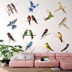 Detailed view of colorful realistic bird wall stickers in a modern living room setting