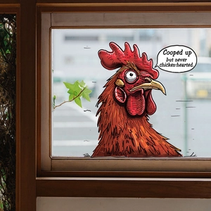Detail of vintage rooster glass sticker with motivational quote on a window pane