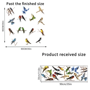 Detail view of bird and tree branch wall stickers showing both applied and received layouts