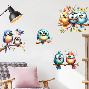 Cute bird on tree branch wall stickers set for living room and bedroom home decor