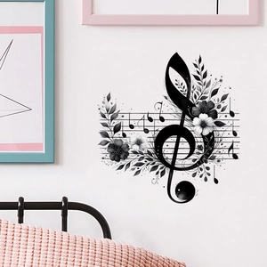Detail of music flower wall decal with treble clef and notes on a white bedroom wall