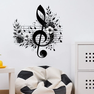 Floral treble clef wall decal with musical notes in elegant black and white ink style