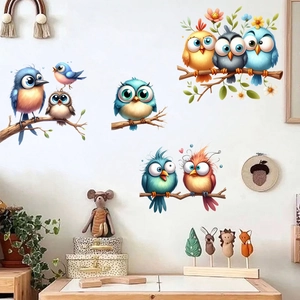 Cartoon Bird On Tree Branch Wall Sticker Waterproof PVC Decal Colorful Animal Floral Mural For Kids Room Home Decoration