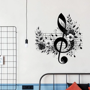 Waterproof self-adhesive music note wall stickers with floral art for living room decor