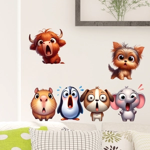 Detailed view of surprised cartoon animal wall stickers featuring a highland cow and capybara