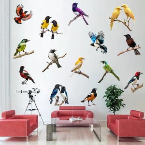 Realistic colorful bird wall stickers set featuring parrots and magpies on tree branches