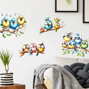 Cartoon colorful birds on green branches wall decals for modern living room decor