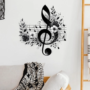 Detail of floral treble clef wall sticker on white wall for living room music decor