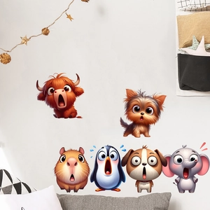 Waterproof wall stickers featuring six funny cartoon animals with surprised facial expressions