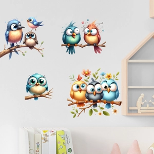 Self-adhesive cartoon bird wall stickers with colorful branches for home decor