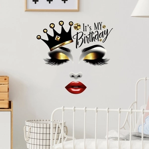 Birthday queen wall sticker with gold eye shadow and red lips for home decor